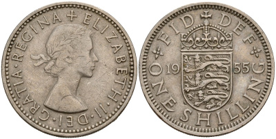 Великобритания 1 шиллинг 1955 Елизавета II (1952-2022), Английский герб KM 904, Spink 4147 медно-никель 4187-1054