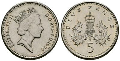 Великобритания 5 пенсов 1990 Елизавета II (1952-2022) KM 937b, Spink 4372 (D4) медно-никель 4173-753