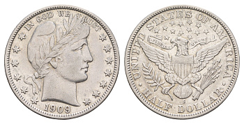 США 1/2 доллара (50 центов) 1909 S, 50 центов Барбера KM 116 серебро    00-822-94