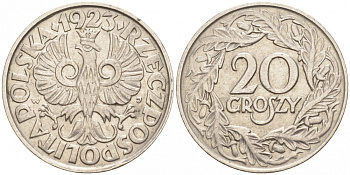 ПОЛЬША 20 ГРОШЕЙ 1923 KM 12 никель 186-131