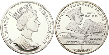 Гибралтар 1 крона 1993 серия международная дружба, генерал Сикорский, 4 Июля 1943 KM 188 a серебро  PROOF  1091-3-44