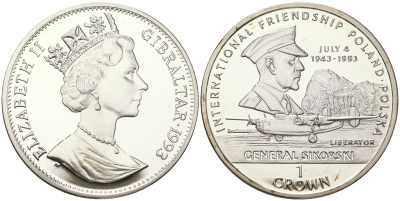 Гибралтар 1 крона 1993 серия международная дружба, генерал Сикорский, 4 Июля 1943 KM 188 a серебро  PROOF  1091-3-44