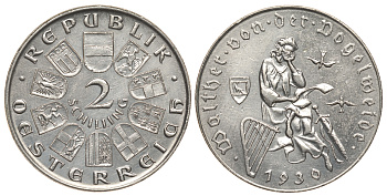 Австрия 2 шиллинга 1930 700 лет со дня смерти Фогельвайде KM 2845 серебро 413-6724