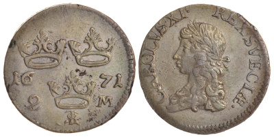 Швеция 2 марки 1671 TS, Карл XI (1660-1697) KM 242 серебро 00-816-52