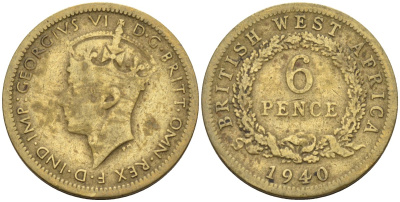 Британская Западная Африка 6 пенсов 1940 Георг VI (1936-1952) KM 22 никель-латунь 4588-662