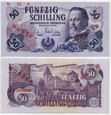 АВСТРИЯ 50 ШИЛЛИНГОВ 1962 (1963) ОБРАЗЕЦ - SPECIMENT бумага UNC (ПРЕСС) 000-000-00