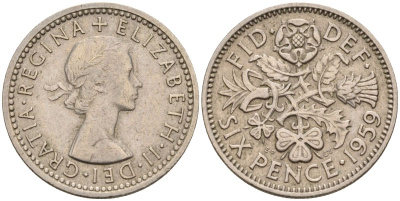 Великобритания 6 пенсов 1959 Елизавета II (1952-2022) KM 903, Spink 4149 медно-никель 4154-239