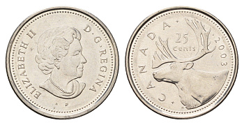 Канада 25 центов 2003 P, Елизавета II (1952-2022), олень KM 493 сталь плакированная никелем UNC 4688-534