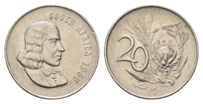 ЮАР 20 центов 1965 Ян ван Рибек (1619-1677), South Africa, легенда на английском, цветок протея KM 69.1 никель 4693-635
