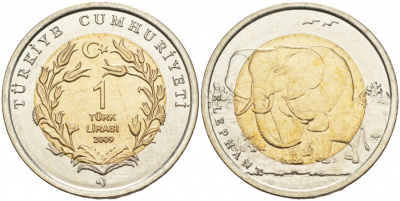Турция 1 лира 2009 Красная книга, слон KM 1263 биметалл UNC M6-05