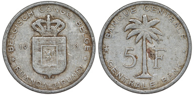 Бельгийское Конго 5 франков 1958 DB Руанда - Бурунди KM 3 алюминий 4681-644