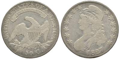 США 1/2 доллара (50 центов) 1827 свобода, орел, закрученная двойка серебро 3896-1313