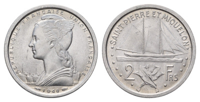 Сен-Пьер и Микелон 2 франка 1948 год-тип KM 2 алюминий UNC 650-1944