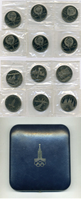 СССР набор из 6 монет по 1 рублю 1977-1980 Олимпиада 80, полный комплект (эмблема, Кремль, спутник, МГУ, факел, Долгорукий), в запайках KM 144, 153.1, 164, 165, 177, 178 медь никель цинк PROOF 2-4-2-48