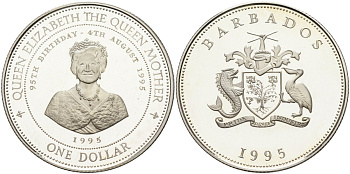 Барбадос 1 доллар 1995 95 лет со дня рождения Королевы-матери KM 65 серебро PROOF 1096-4-23