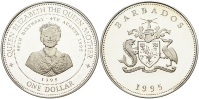 Барбадос 1 доллар 1995 95 лет со дня рождения Королевы-матери KM 65 серебро PROOF 1096-4-23