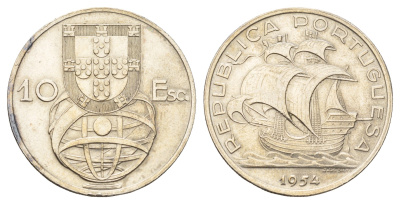 Португалия 10 эскудо 1954 парусник KM 586 серебро 4572-813