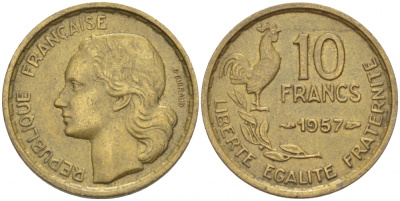 ФРАНЦИЯ 10 ФРАНКОВ 1957 KM 915.1, LE FRANC 363.13 алюминиевая бронза 112-839