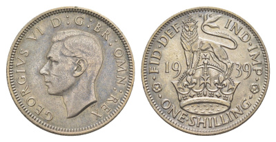 Великобритания 1 шиллинг 1939 Георг VI (1936-1952), Английский герб KM 853, Spink 4082 серебро 34-343
