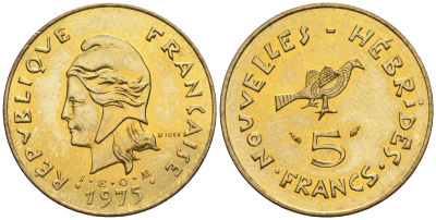 Французские Новые Гебриды 5 франков 1975  KM 6.2 никель-латунь  UNC  4610-537