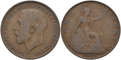 Великобритания 1 пенни 1921 Георг V (1910-1936) KM 810, Spink 4051 бронза 4144-831