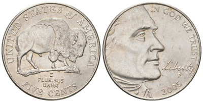 США 5 центов 2005 P, 200 лет экспедиции Льюиса и Кларка - Бизон KM 368 медно-никель UNC 192-1053