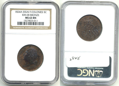 Французские колонии 5 сантимов 1824 A, Людовик XVIII, ESSAI в слабе NGC MS 63 BN PROBA KM E3 бронза UNC 15-005-01