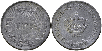 РУМЫНИЯ 5 ЛЕЙ 1942 МИХАЙ I (1940-1947), ВТОРАЯ МИРОВАЯ ВОЙНА KM 61 цинк 89-346