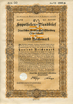 Германия 1000 рейхсмарок 1937 Государственное кредитное учреждение Ольденбурга (Государственный банк), ипотечный залог под залог 4-1/2%, облигация   бумага   8801-76-1