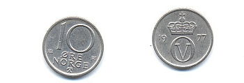 Норвегия 10 эре 1977 Улаф V (1957-1991) KM 416 медно-никель 4379-331