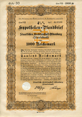 Германия 1000 рейхсмарок 1937 Государственное кредитное учреждение Ольденбурга (Государственный банк), ипотечный залог под залог 4-1/2%, облигация   бумага   8801-76-1