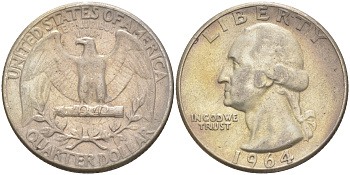 США 25 центов (квотер) 1964 Вашингтон KM 164 серебро 4114-751