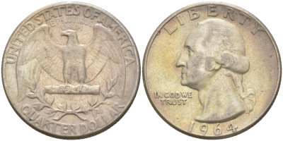 США 25 центов (квотер) 1964 Вашингтон KM 164 серебро 4114-751