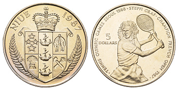 Ниуэ 5 долларов 1987 XXIV летние Олимпийские Игры, Сеул 1988 - Теннис, Штеффи Граф KM 5 медно-никель BU 11-167-14