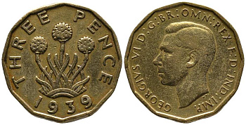 Великобритания 3 пенса 1939 Георг VI (1936-1952), в лаке KM 849, Spink 4112 никель латунь 1518-943