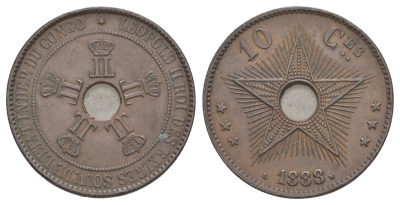 Бельгийское Конго 10 сантимов 1888 Свободное государство Конго, Леопольд II (1865-1909) KM 4 медь 4127-435