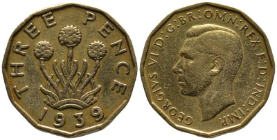 Великобритания 3 пенса 1939 Георг VI (1936-1952), в лаке KM 849, Spink 4112 никель латунь 1518-943