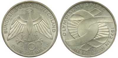 ФРГ 10 марок 1972 J, XX летние Олимпийские игры 1972 года в Мюнхене, символика KM 131, J.402 серебро 1520-232