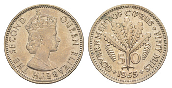 Кипр 50 милей 1955 Елизавета II (1952-2022) KM 36 медно-никель aUNC 4648-1014