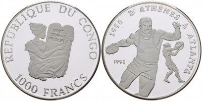 Конго 1000 франков 1995 олимпийские игры 1996 года в Атланте, дискобол, тираж 15000 экз. KM 23 серебро PROOF 01-173-43