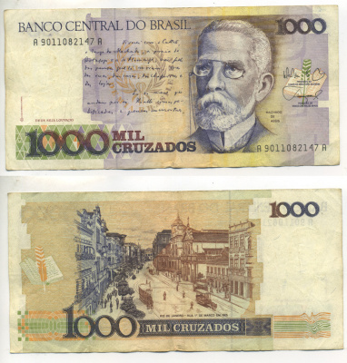 БРАЗИЛИЯ 1000 КРУЗАДО 1988 ПОДПИСЬ 26 Pick 213b бумага 445-19-2