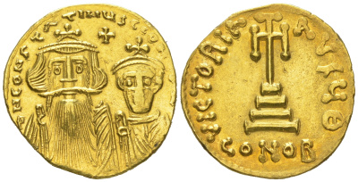 Византийская Империя солид 654-659 Констант II с Константином IV/ крест, Константинополь, 4,44 гр, about extremely fine Sear 959 золото 10-020-83