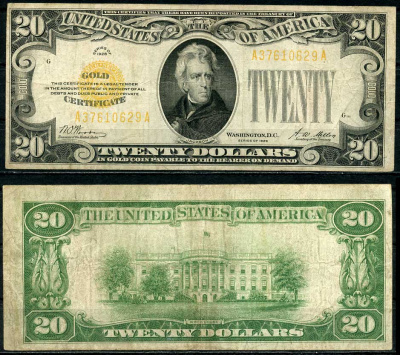США 20 долларов 1928 G, золотой сертификат Pick 401 бумага 451-135-1