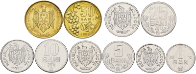 Молдова лот из 5 монет 2008-2013 1, 5, 10, 25, 50 бани KM 1, 2, 3, 7, 10 UNC M76-03