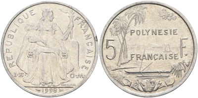 Французская Полинезия 5 франков 1998 KM 12 алюминий 4131-941