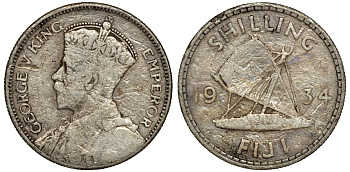 Фиджи 1 шиллинг 1934 Георг V (1910-1936), парусник KM 4 серебро 91-945
