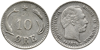 ДАНИЯ 10 ЭРЕ 1874 C; S, КРИСТИАН IX (1863-1906) KM 795.1 серебро 4380-1046