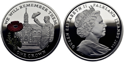 Фолклендские острова 1 крона 2014 в память героев первой мировой войны, Королевский госпиталь Челси, красный мак KM 177a.1 серебро, эмаль  PROOF 1071-2-54