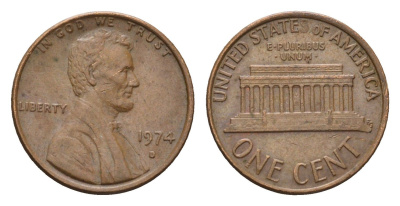 США 1 цент 1974 D, Линкольн KM 201 медь цинк 4685-453