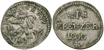 Гессен-Дармштадт 1 крейцер 1800 HD. Людвиг X (1790-1806) KM 255 серебро 99-1013